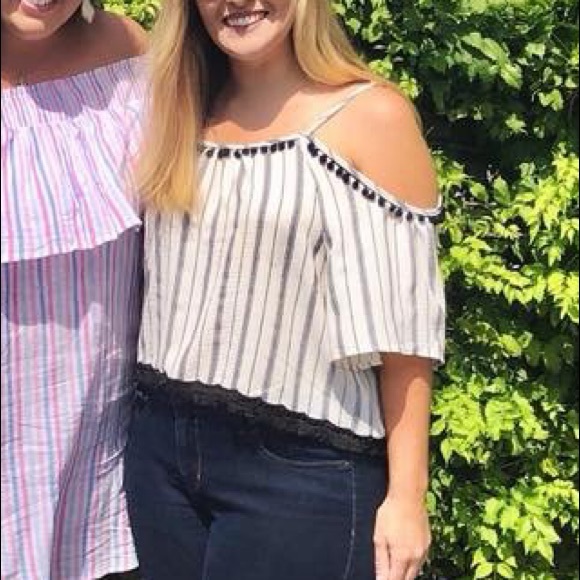 Rainbow Tops - Striped Pom Pom Trim Top